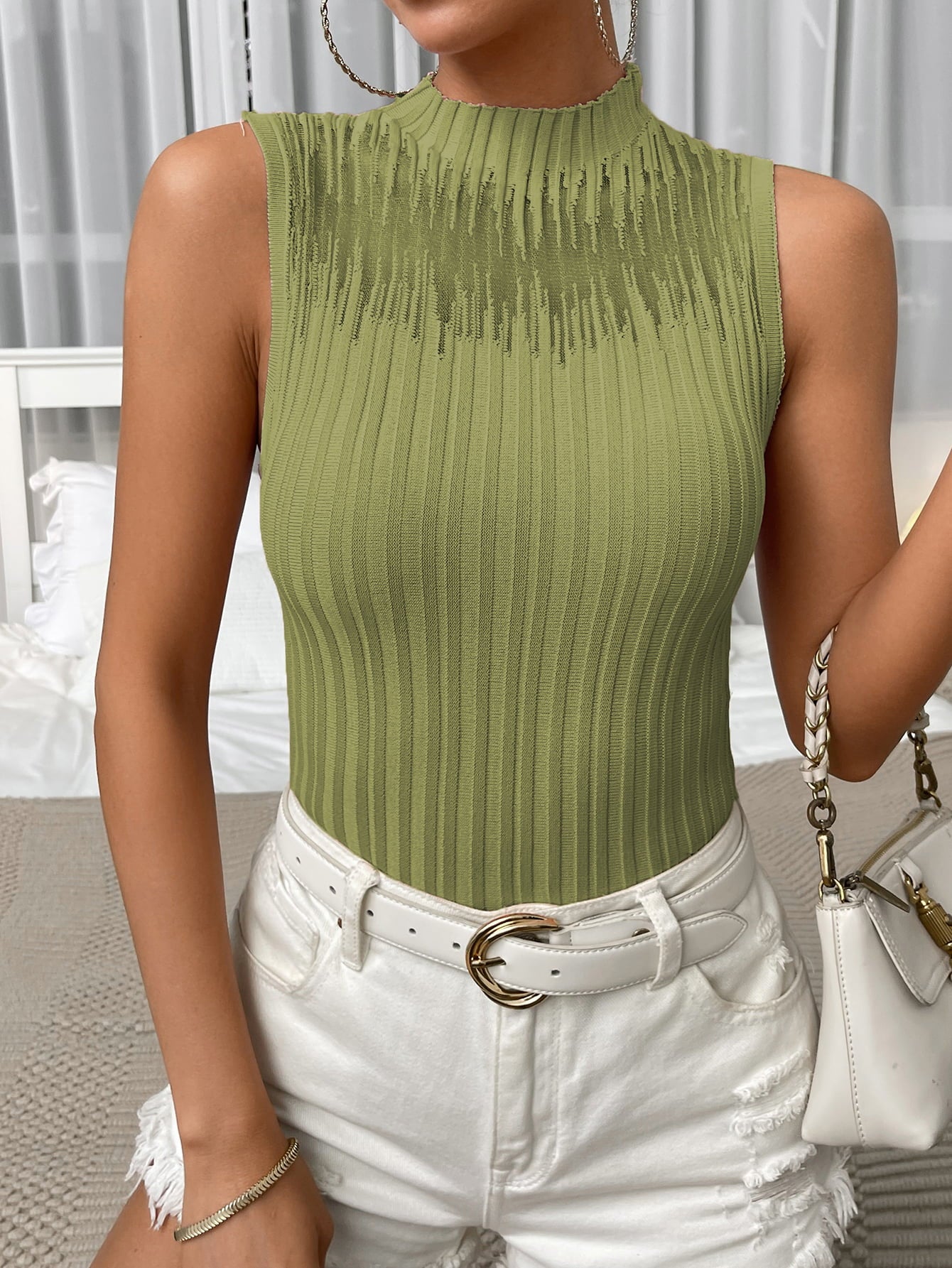 Mock Neck Ribbed Knit Tank