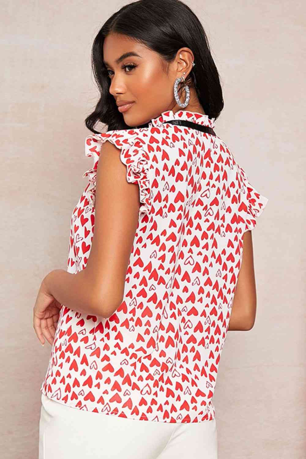 Heart Print Tie Neck Cap Sleeve Tank